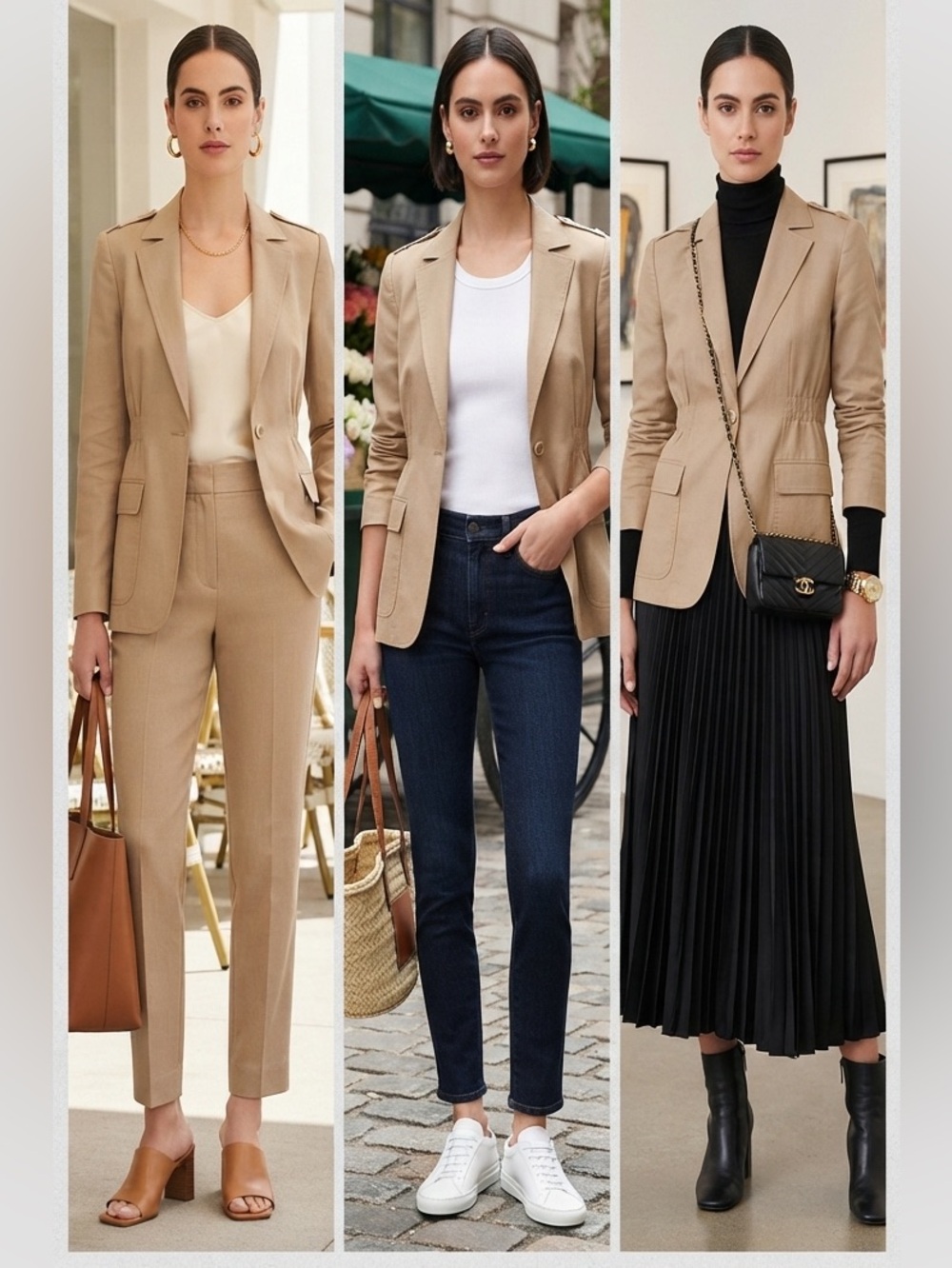 Elite Tahari tan linen blend single button blazer